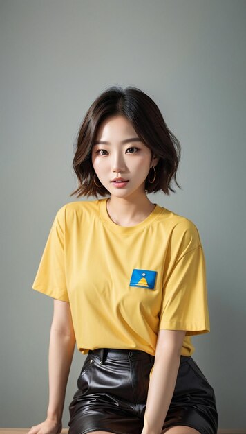 Mujer coreana de pelo medio en camiseta amarilla sentada sola