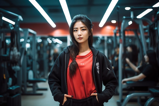 Una mujer coreana posando en ropa de gimnasia contra