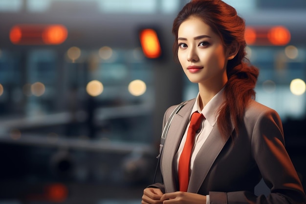 Mujer coreana trabajando como asistente de vuelo en el fondo del aeropuerto
