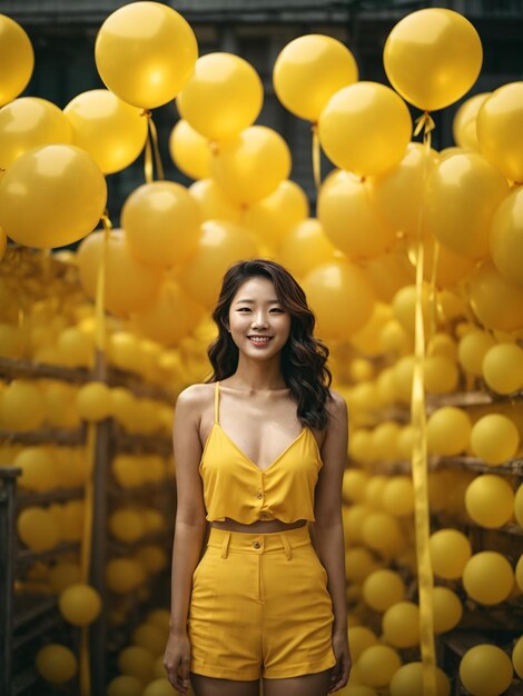 Una mujer coreana en un traje de baño amarillo sonriendo por una fila de globos amarillos mostrando una sonrisa radiante