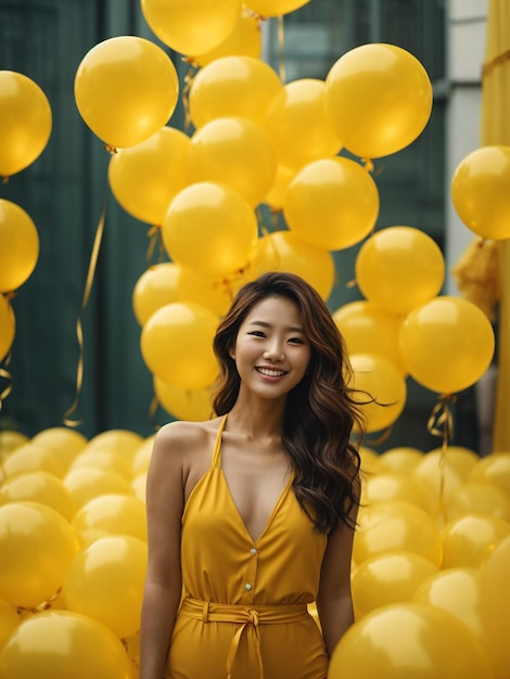 Una mujer coreana en un traje de baño amarillo sonriendo por una fila de globos amarillos mostrando una sonrisa radiante
