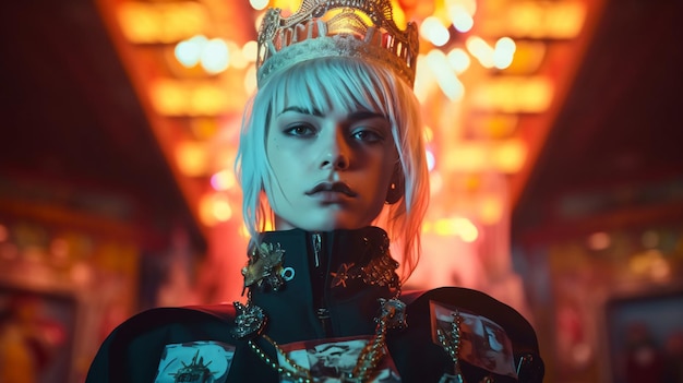 Una mujer con una corona en la cabeza se para frente a un edificio iluminado.