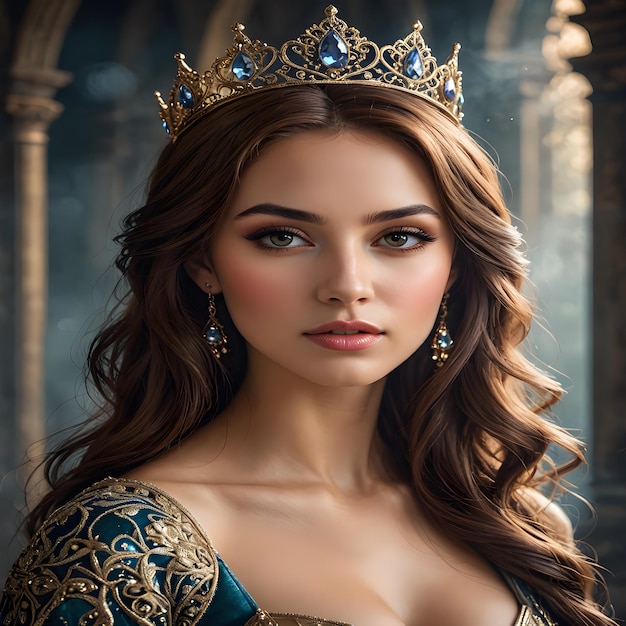 una mujer con una corona con una corona de oro en la cabeza
