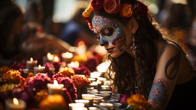 Una mujer con una corona de flores en el cabello y un dibujo de una fiesta mexicana en la cara