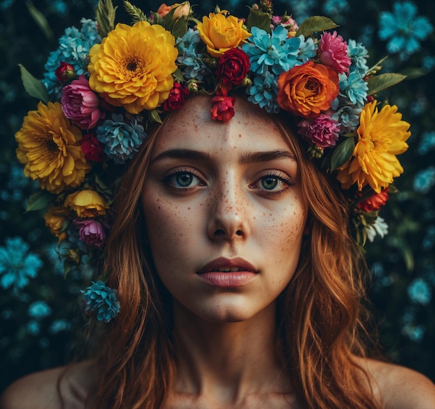 una mujer con una corona de flores en la cabeza está usando una corona de flor