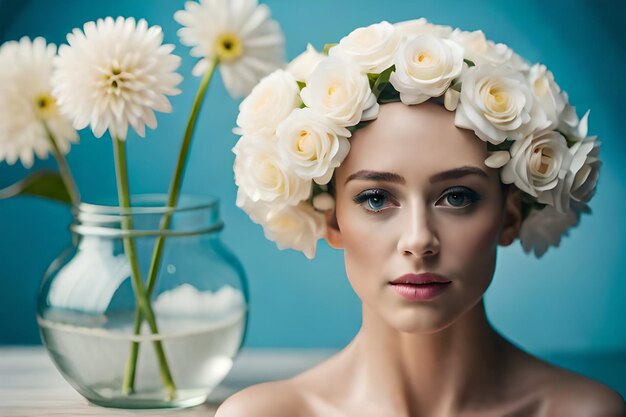 Una mujer con una corona de flores en la cabeza y flores en un jarrón.