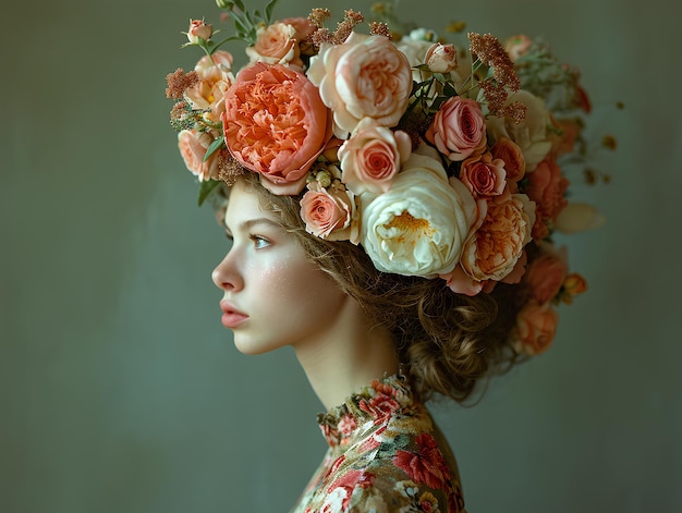 Una mujer con una corona de flores en la cabeza y un vestido en la cabeza