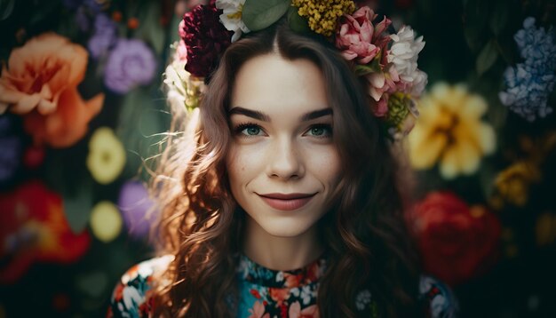 Una mujer con una corona de flores en la cabeza.