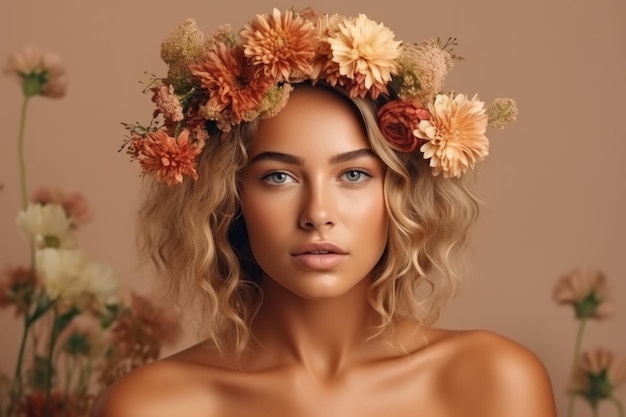 Mujer con una corona de flores en la cabeza