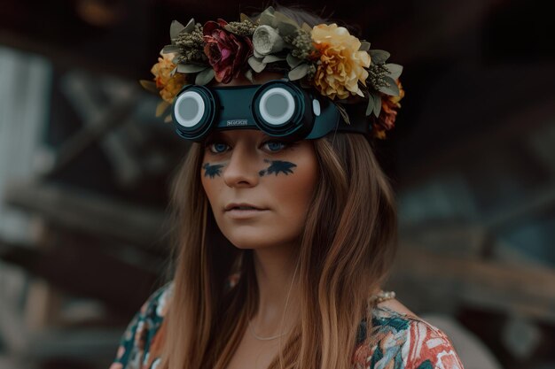 Una mujer con una corona de flores y una cámara en la cabeza.