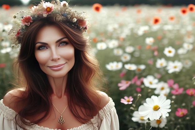 mujer con una corona de flores y un collar de pie en un campo de flores