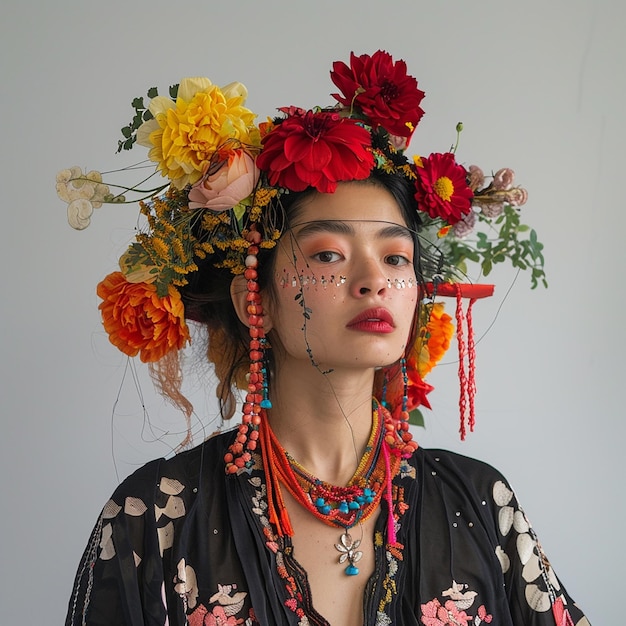 una mujer con una corona de flores está usando un tocado floral