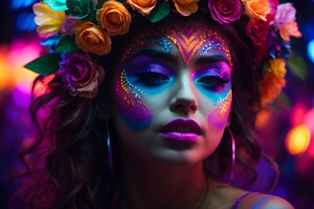 Mujer con corona de flores y maquillaje de neón.