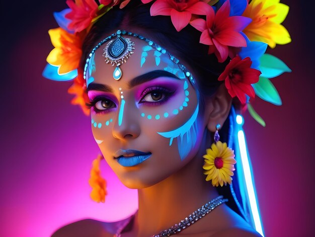 Mujer con corona de flores y maquillaje de neón.