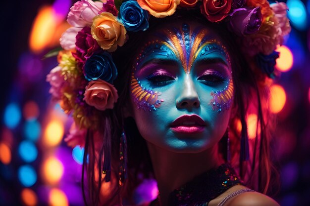 Mujer con corona de flores y maquillaje de neón.