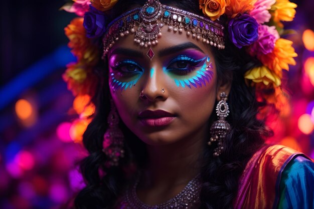 Mujer con corona de flores y maquillaje de neón.