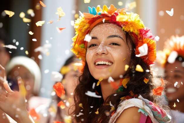 Foto mujer con corona de flores rodeada de confeti