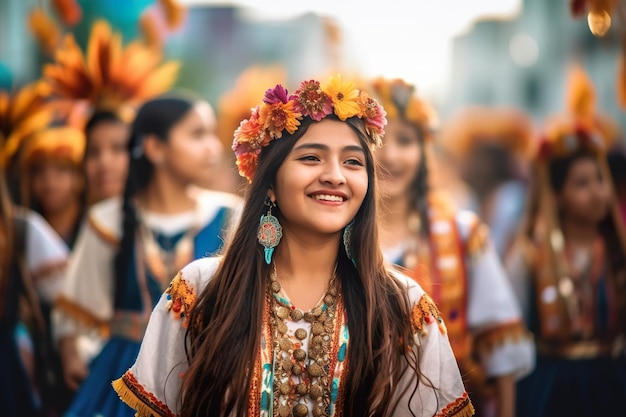 Una mujer con una corona de flores sonríe a la cámara Imagen AI generativa Fiesta de la Tirana en Tarapacá Chile