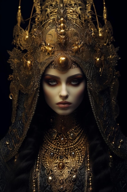 Una mujer con corona y joyas de oro.