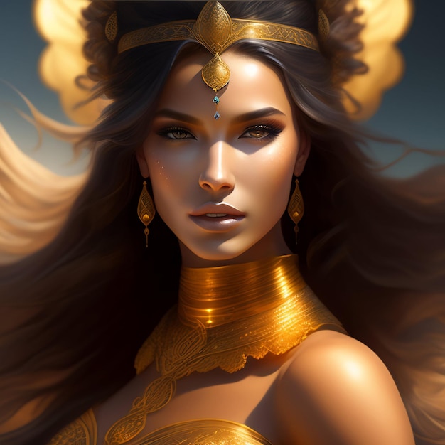 Una mujer con corona de oro y alas de oro.