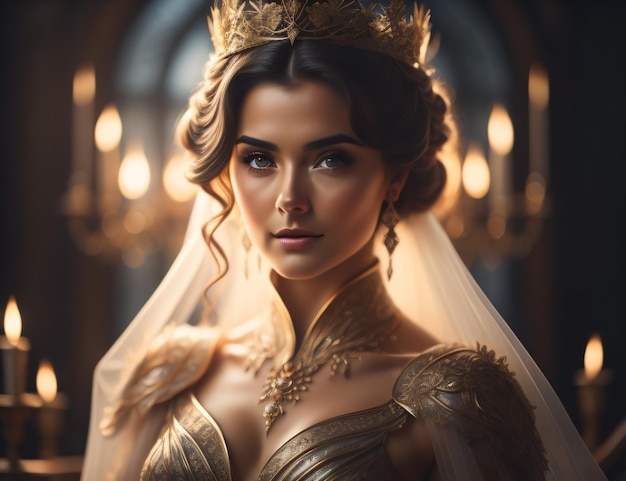 Una mujer con corona de oro y joyas de oro.