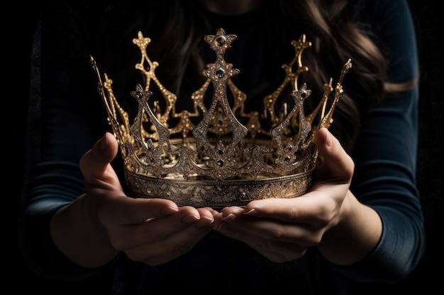 Foto una mujer con una corona de oro en sus manos