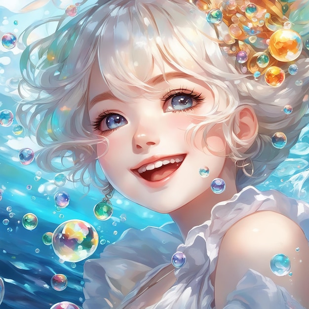 Foto una mujer con una corona y pendientes en agua con burbujas