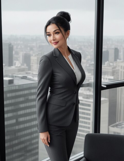 Una mujer corporativa segura y sofisticada con un atuendo formal.