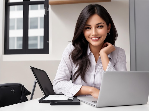 Mujer corporativa sentada en su oficina con su portátil trabajando una camisa de oficina y pantalones oficiales