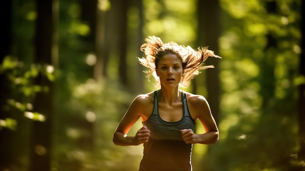 Una mujer corre por un bosque, con la palabra jog a la izquierda.