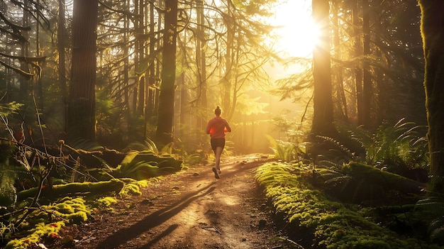 Una mujer corre por un bosque con el sol brillando sobre ella