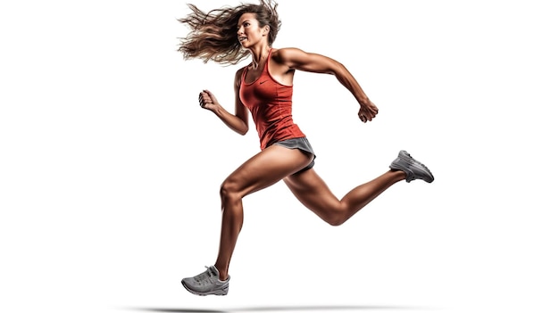 Foto una mujer corre con una camiseta sin mangas roja y zapatos blancos.