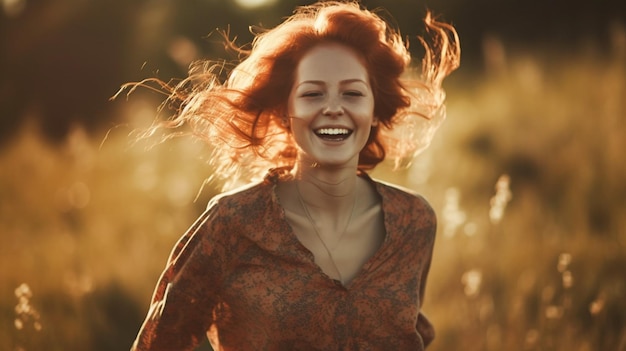 Una mujer corre por un campo con el sol brillando en su rostro.