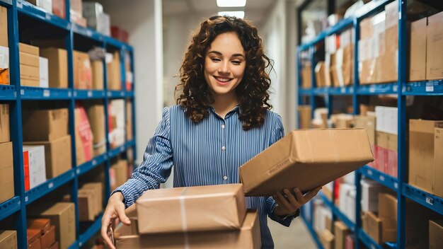 Mujer de correos que trabaja con paquetes