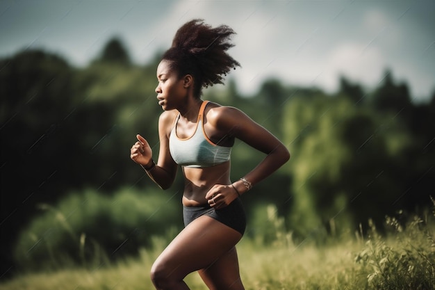 Mujer correr ejercicio niña atleta parque deporte fitness físico africano entrenamiento americano ejercicio generativo AI