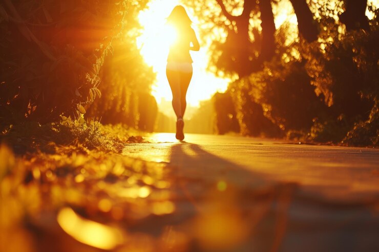 Mujer corriendo al amanecer con los primeros rayos de luz solar