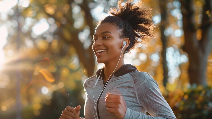 Mujer corriendo con auriculares en el parque