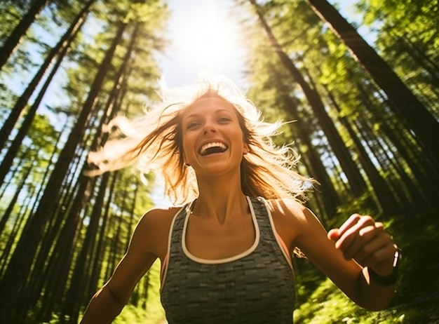 Una mujer corriendo por un bosque con el rostro lleno de alegría y euforia imágenes de salud mental ilustración fotorrealista