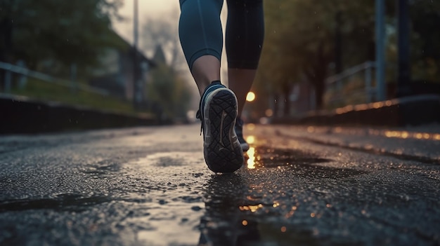 una mujer corriendo por la calle con un charco de agua en el suelo.