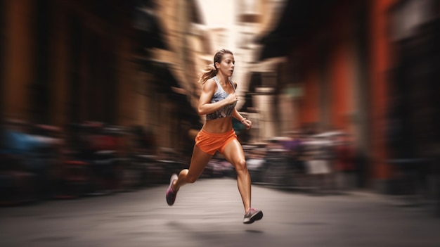 Una mujer corriendo por una calle de fondo borroso.