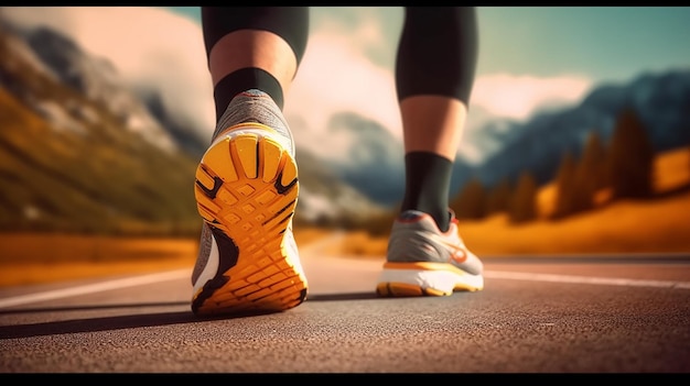 una mujer corriendo por una calle con un zapato amarillo y negro en el pie.