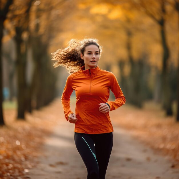 Mujer corriendo por el camino en el bosque