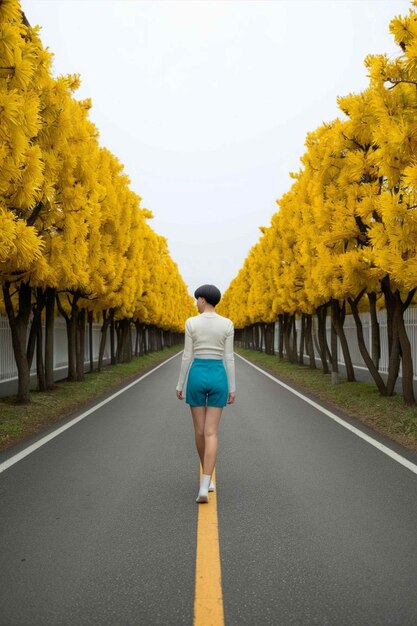 Foto una mujer está corriendo por un camino con flores amarillas en la espalda