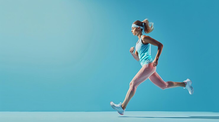 una mujer corriendo en una camiseta azul y pantalones rosados