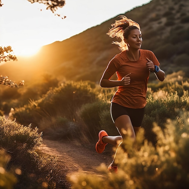 Una mujer corriendo en un campo con el sol poniéndose detrás de ella.