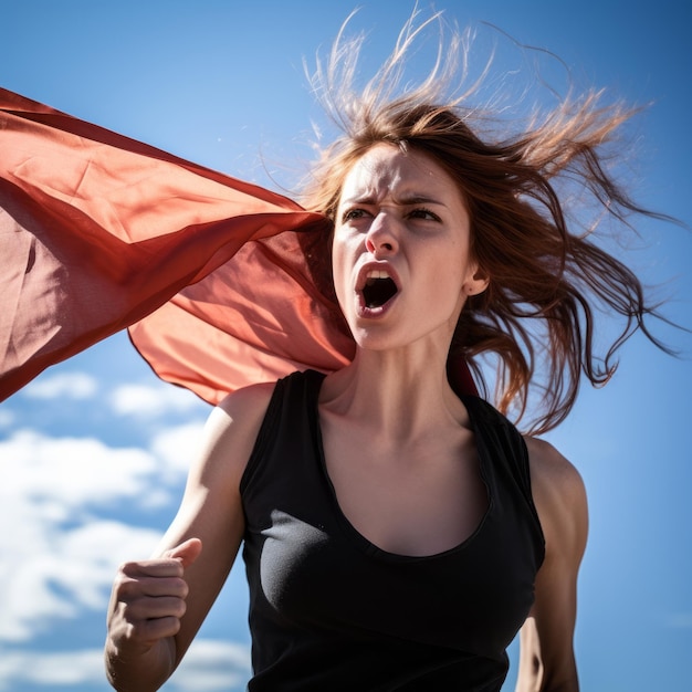 una mujer corriendo con una capa roja en el aire