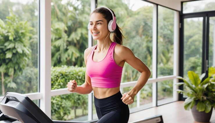 una mujer corriendo en una cinta de correr con auriculares rosados en la cabeza