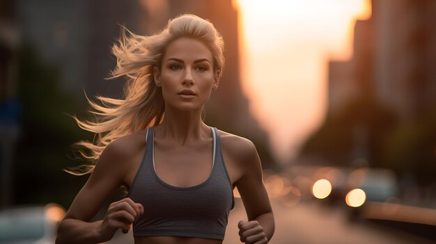 Mujer corriendo en la ciudad en una mañana de verano Creado con tecnología de IA generativa