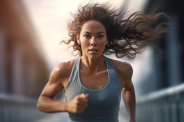 Una mujer corriendo con un fondo claro.
