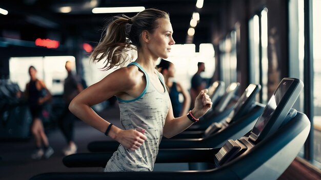 Mujer corriendo en un gimnasio en una cinta de correr concepto para hacer ejercicio y un estilo de vida saludable